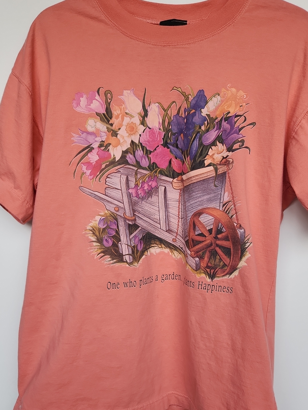 Coral Short-Sleeve Floral Wheelbarrow Graphic Tee Cotton USA Single Stitch